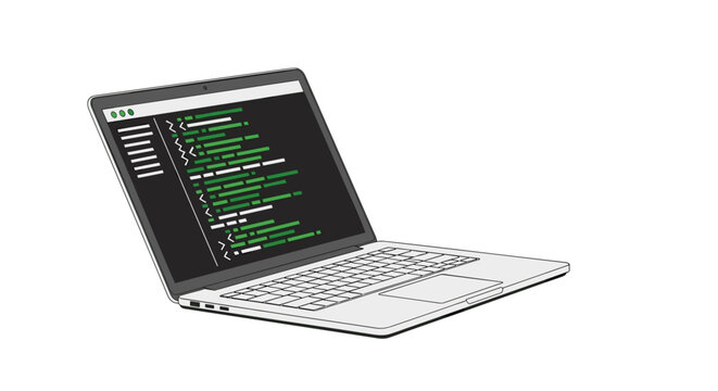 Modern laptop computer displaying programming code, illustrating software development and technology solutions, isolated on transparent background, vector illustration svg.