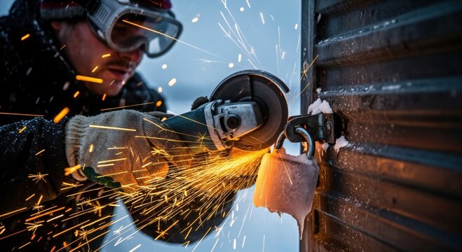 Adult male worker wearing protective gear uses an angle grinder to cut through a frozen padlock on a dark metal gate, generating a shower of orange sparks in a winter setting.