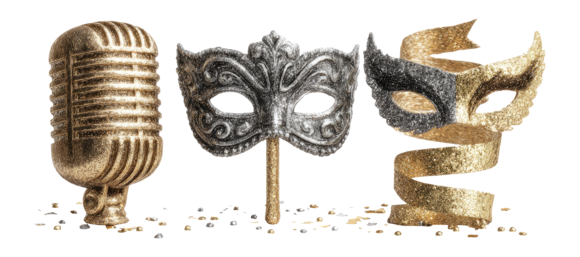 Glittering Microphone and Masks with Ribbon on Transparent Background