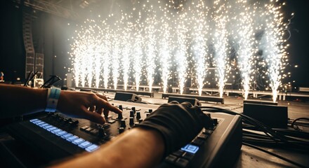 Close-up of a stage technician's hands operating a control panel during a live concert with spectacular pyrotechnic spark fountains illuminating the background.