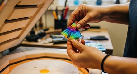 Obraz premium Craftsperson's hands holding a vibrant, iridescent fused glass art piece with a rainbow spectrum of colors, showcasing intricate texture near an open kiln in a creative workshop.