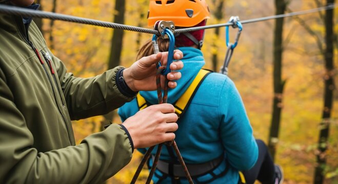 Adult male instructor assisting a person with safety harness and carabiners on a zip line course in a vibrant autumn forest adventure park.