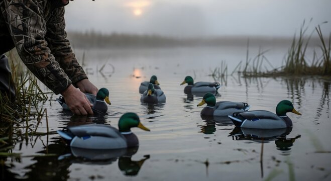 Hunter in camouflage setting realistic mallard duck decoys in a tranquil, misty marsh at sunrise, preparing for waterfowl hunting season.