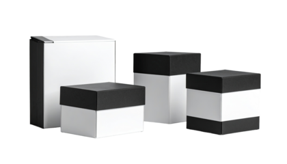 Three white and black boxes, product packaging