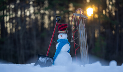 Snowman on snow background. Winter holiday scene. Snowman with scarf and hat. Snow design. Happy...