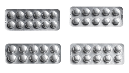 Four blister packs of round, white pills in a metal-like material. Each pack holds several pills, arranged in a grid pattern.  The packs vary slightly in the number of pills per row