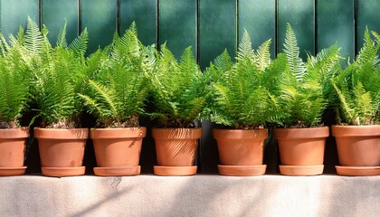 Row Of Foxtail Ferns In Terracotta Pots Outdoors