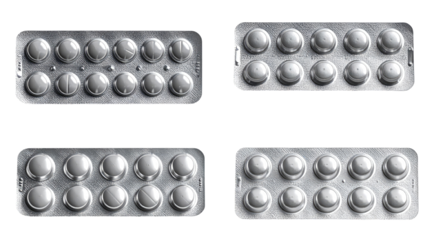 Four blister packs of round, white pills in a metal-like material. Each pack holds several pills, arranged in a grid pattern.  The packs vary slightly in the number of pills per row