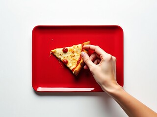 Woman's hand picking up a fresh slice of cheese pizza from a bright red tray. Minimalist food flat lay isolated on white.