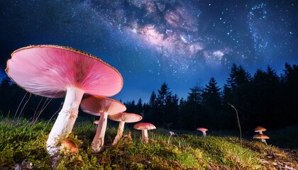 Enchanted Forest Glowing Pink Mushrooms Under A Starry Night Sky