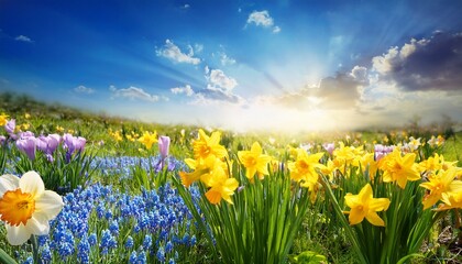 Vibrant Spring Meadow Filled With Colorful Daffodils And Bluebells Under A Bright Sky