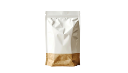 A white plastic pouch with a brown paper bottom.  The plastic is slightly wrinkled