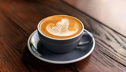Gray Mug Of Cappuccino With Latte Art On Wooden Table
