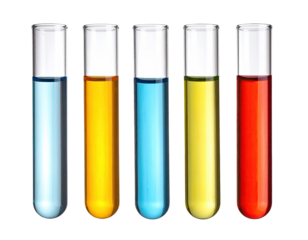 Five test tubes, each filled with a different colored liquid.  Clear glass tubes, various liquids, science, lab, experiment