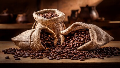 Burlap Bags Filled With Dark Roast Coffee Beans In Natural Light