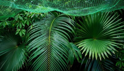 Green Plants And Palm Leaves Gathered Under Green Mesh