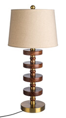 Light beige shade, layered wooden base, brass accents