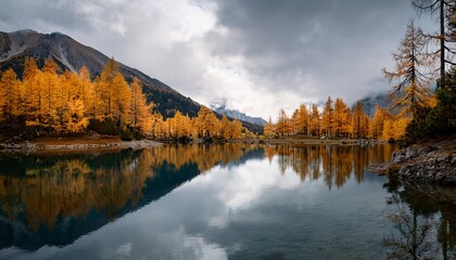 Golden Yellow Trees Reflected On A Mountain Lake In Overcast Weather