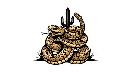 Coiled rattlesnake with cactus illustration desert wildlife concept art. © Win
