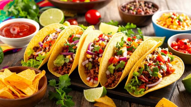 Rows of delicious tacos filled with seasoned ground meat and fresh vegetables served on a rustic wooden board with salsa and chips