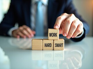 Work smart not hard concept for business strategy and efficiency. Businessman arranging wooden blocks for motivation.