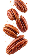 Roasted pecans in mid-air, scattered, against a white background