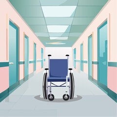 A blue wheelchair sits in the middle of a long, empty hospital corridor with doors on either side.