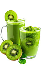 Two vibrant green smoothies, garnished with kiwi slices and leaves