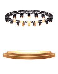 Circular, dark metal chandelier above a light beige, round platform