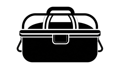 Dark image of a closed, black bag or case.  Silhouette of handles and possible compartments