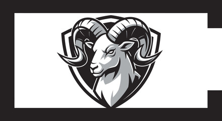 Monochrome Ram Head Emblem with Intricate Horns and Shield.