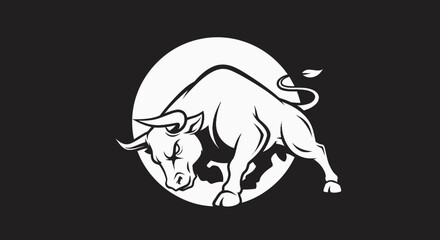 Powerful bull illustration with a white outline against a dark background.