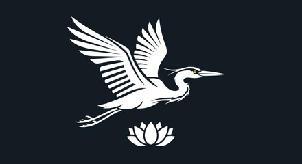 Fototapeta premium Elegant Heron in Flight with Lotus Flower Design.