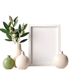 White frame with greenery and vases