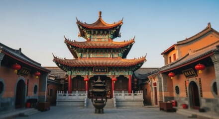 Obraz premium Traditional Chinese Temple with Multi-tiered Roofs Red Lanterns and Courtyard During Sunset