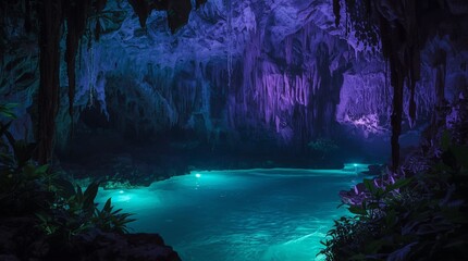 Mystical Cave Pool Illuminated with Vibrant Colors