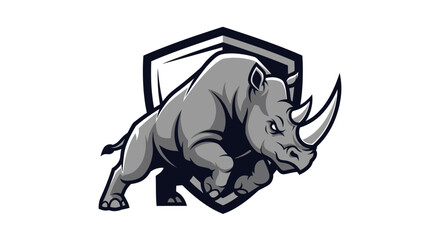 Charging Rhino Mascot with Shield Emblem in Dynamic Pose. © Win