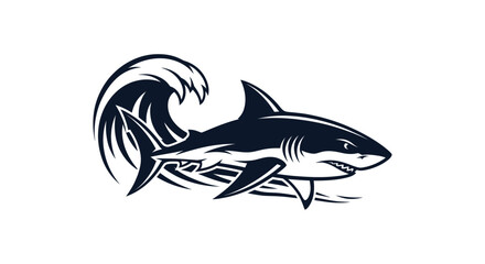 Stylized black and white shark illustration with a large ocean wave.