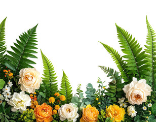 Floral border with vibrant greenery.  Fresh roses, ferns, and other blossoms arranged in a horizontal border against a black background