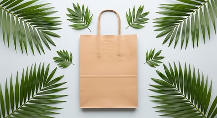 Eco-friendly brown paper bag mockup, surrounded by tropical palm leaves
