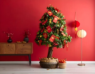 chinese new year angpao tree with red envelopes and coins, red wall, decorated on living room