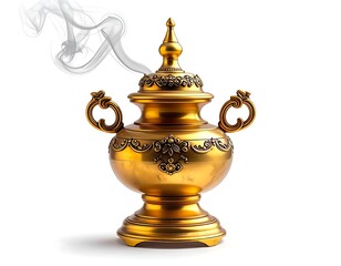 Golden Incense Burner with Rising Smoke Isolated on White Background
