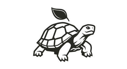 Black and white illustration of a turtle with a leaf.