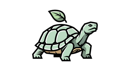 Green turtle with leaf on shell walking forward on white background.