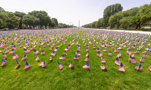 American flags near the Washington Monument. USA banner on Independence Day. National Mall in DC. Memorial Day. Flag of the United States on Washington Monument. Waving flags. - Powered by Adobe