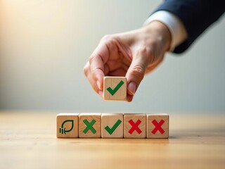 Corporate sustainability and ESG decision making with a businessman's hand choosing a green check mark on wooden blocks.