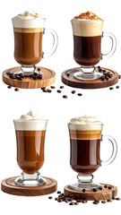 Four glasses of coffee drinks, two light and two dark, displayed on wooden coasters.  Foamed milk atop each
