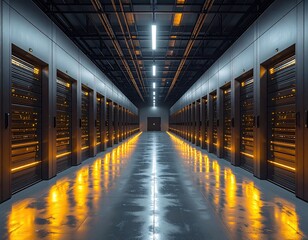 Server room with rows of cabinets; glowing lights below
