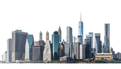 Panoramic view of New York City skyline.  Tall skyscrapers, varied architecture