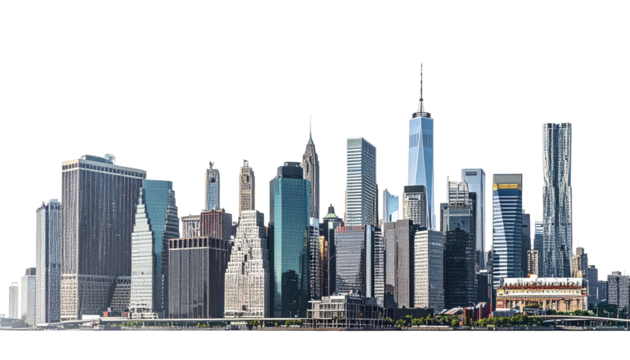 Panoramic view of New York City skyline.  Tall skyscrapers, varied architecture